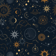 Vector Magic Seamless Pattern With Constellations, Sun, Moon, Magic Eyes, Clouds And Stars. Mystical Esoteric Background For Design Of Fabric, Packaging, Astrology, Phone Case, Yoga Mat, Notebook