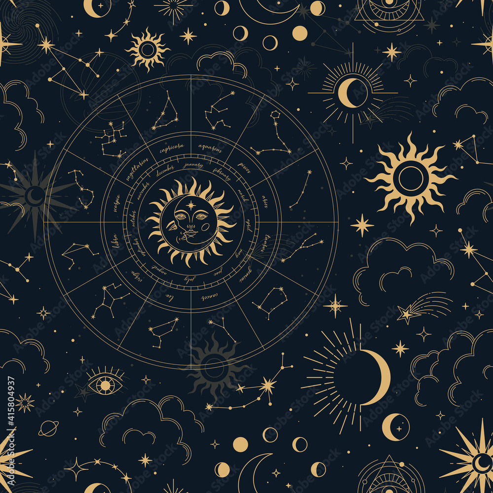 Vector magic seamless pattern with constellations, zodiac wheel, sun ...
