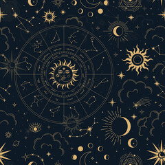 Wall Mural - Vector magic seamless pattern with constellations, zodiac wheel, sun, moon, magic eyes, clouds and stars. Mystical esoteric background for design of fabric, packaging, astrology, phone case, yoga mat
