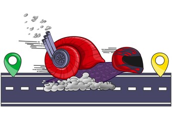 A fast-moving snail with a turbine in a shell as a concept for fast delivery between settlements. Turbo snail for your logo, website or emblem design.