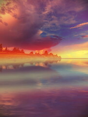Wall Mural - beautiful landscape evening summer river. beautiful sunset clouds.