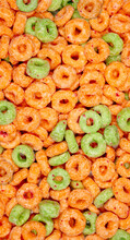 Closeup View Of Generic Apple Jacks Breakfast Cereal Colorful Orange And Green