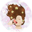 Beautiful woman with grapefruit slice. Brunette with yellow flowers inside her hair. Illustration that could be used as t-shirt print. Fashion style graphic art illustration.