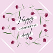 Happy women's day! Greeting card for 8th of March! Congratulations to your wife, girlfriend, mother, grandmother or sister. Cute and easy card. Green leaves and red roses on a pink background.