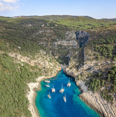 Wall Mural - Aerial drone shot of iconic Stiniva cove beach of Adriatic sea on Vis Island in Croatia summer