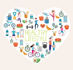 Sticker - bundle of healthy lifestyle set icons in heart