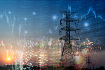 market stock graph and information with city light and electricity and energy facility industry and 