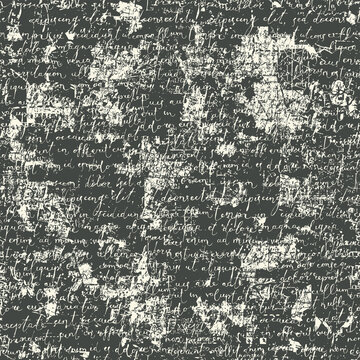 Abstract seamless pattern with handwritten text Lorem Ipsum on a dark backdrop in retro style. Vintage vector repeating background, old dirty manuscript, wallpaper, wrapping paper, fabric