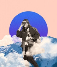 Contemporary Art Collage. Happy Young Girl, Woman Traveller Looking Through Binoculars Isolated On Geometric Background. Clouds And Mountains. Copy Space For Text, Design, Ad. Modern Creative Artwork.