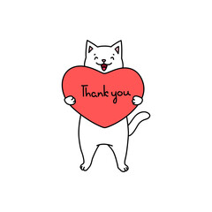 Thank You. Illustration of a cute cat with big heart in his paws isolated on a white background. Vector 10 EPS