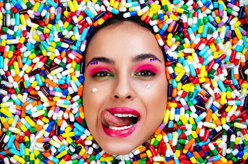 Artistic image of a beautiful woman sunk inside colored pills and capsules.