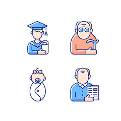 Poster - Aging process RGB color icons set. Male student. Pensioner. Early adulthood. Baby phase. Old man. Infancy development. Senior citizen. Pursuing education. Old age. Isolated vector illustrations