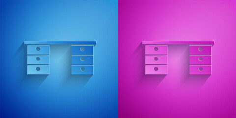 Poster - Paper cut Office desk icon isolated on blue and purple background. Paper art style. Vector.