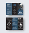 © olegphotor - Vector trifold template, triple catalog with geometric design, cross, blue elements on black background.