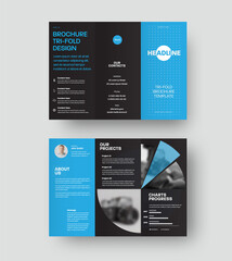 Poster - Vector trifold template with round blue design, leaflet isolated on black background, standard brochure for business promotion, advertising.