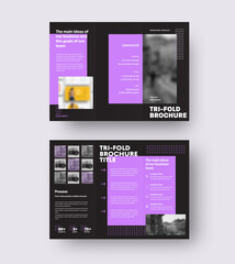Poster - Vector brochure template with geometric purple design, arrows, trifold on black background.