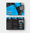 © olegphotor - Vector trifold template with blue geometric illustration folding brochure with creative design on black background, with realistic shadows.