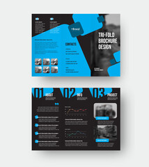Poster - Vector trifold template with blue geometric illustration folding brochure with creative design on black background, with realistic shadows.