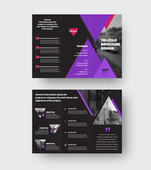 Poster - Vector Trifold brochure template with purple triangular design, with place for photo, shadows, on black background.