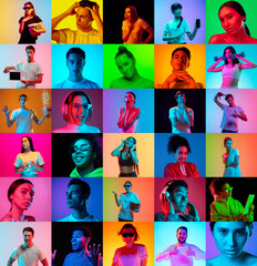 Wall Mural - Collage of faces of 16 emotional people on multicolored backgrounds. Expressive models, multiethnic group. Human emotions, facial expression concept. Music, beauty, fashion, sport, winners