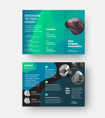 Poster - Vector trifold brochure with presentation of company information, business concept on black background.