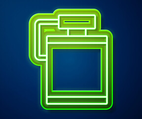 Poster - Glowing neon line Canteen water bottle icon isolated on blue background. Tourist flask icon. Jar of water use in the campaign. Vector.