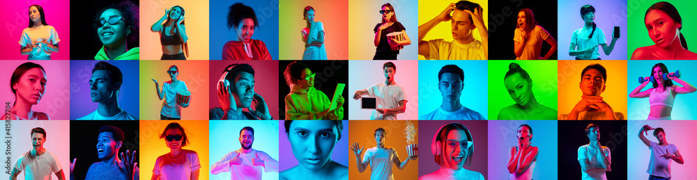 Collage of faces of 16 emotional people on multicolored backgrounds in neon light, fluid. Expressive models, multiethnic group. Human emotions, facial expression concept. Movie, fashion, music, beauty - obrazy, fototapety, plakaty 