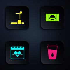 Sticker - Set Glass with water, Treadmill machine, Heart rate and Sports nutrition. Black square button. Vector.