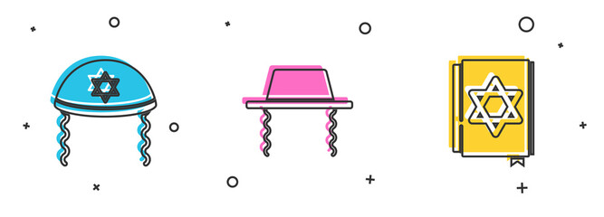 Set Jewish kippah, Orthodox jewish hat and torah book icon. Vector.