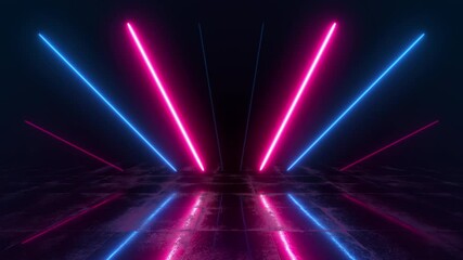 Poster - Bright neon lights animation. Colorful abstract background for sci-fi theme. Empty space 3d render with blinking laser illumination and reflections on the floor. Seamless loop.