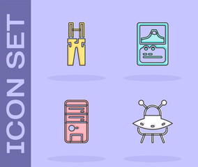 Poster - Set UFO flying spaceship, Pants with suspenders, Computer and Card game icon. Vector.