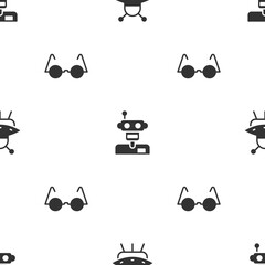 Poster - Set UFO flying spaceship, Robot and Eyeglasses on seamless pattern. Vector.
