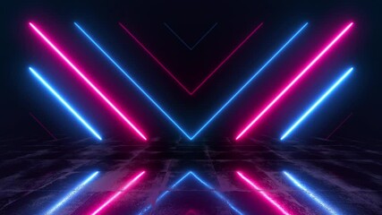Poster - Abstract stage 3d render with blue and pink neon lights and bright reflections. Colorful background with futuristic laser motion. Sci-fi technology texture for futuristic concept. Seamless loop.