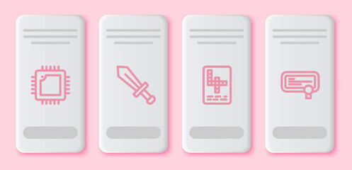 Sticker - Set line Processor with CPU, Sword for game, Crossword and Certificate template. White rectangle button. Vector.