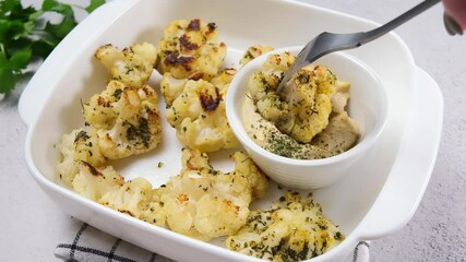 Wall Mural - Hand eating baked cauliflower in white dish with hummus. Healthy food concept.