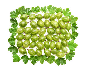 Wall Mural - Heap of green gooseberries slice with leaf isolated on white background. Flat lay, top view