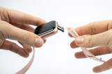 Fototapeta Nowy Jork - new smart fitness bracelet with blank black screen and charging port