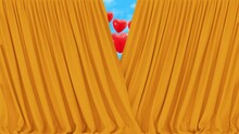 Realistic 3D Animation Of The Valentine's Day Flying Red Hearts In A Blue Cloudy Sky Behind The Orange Textured Stage Or Window Curtain Rendered In UHD With Alpha Matte
