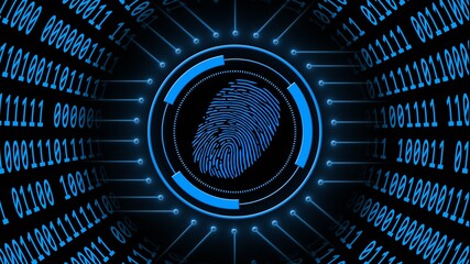 Poster - Fingerprint logo centered into hud elements with information connecting lines - binary code arranged in cylinder shape - graphic elements in blue on black background - scanning biometric authorization