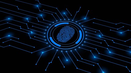 Poster - Fingerprint logo centered into information connecting lines on black background - scanning identification system by biometric authorization - cyber or business security concept - 3D Illustration
