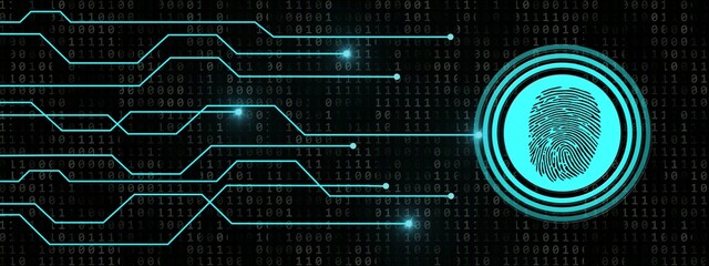 Poster - Fingerprint logo with information connecting lines on binary code background - scanning identification system by biometric authorization - cyber or business security concept - 3D Illustration