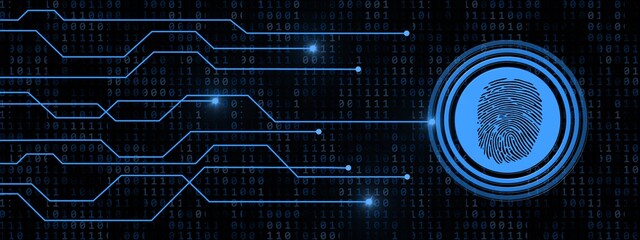 Poster - Fingerprint logo with information connecting lines on binary code background - scanning identification system by biometric authorization - cyber or business security concept - 3D Illustration