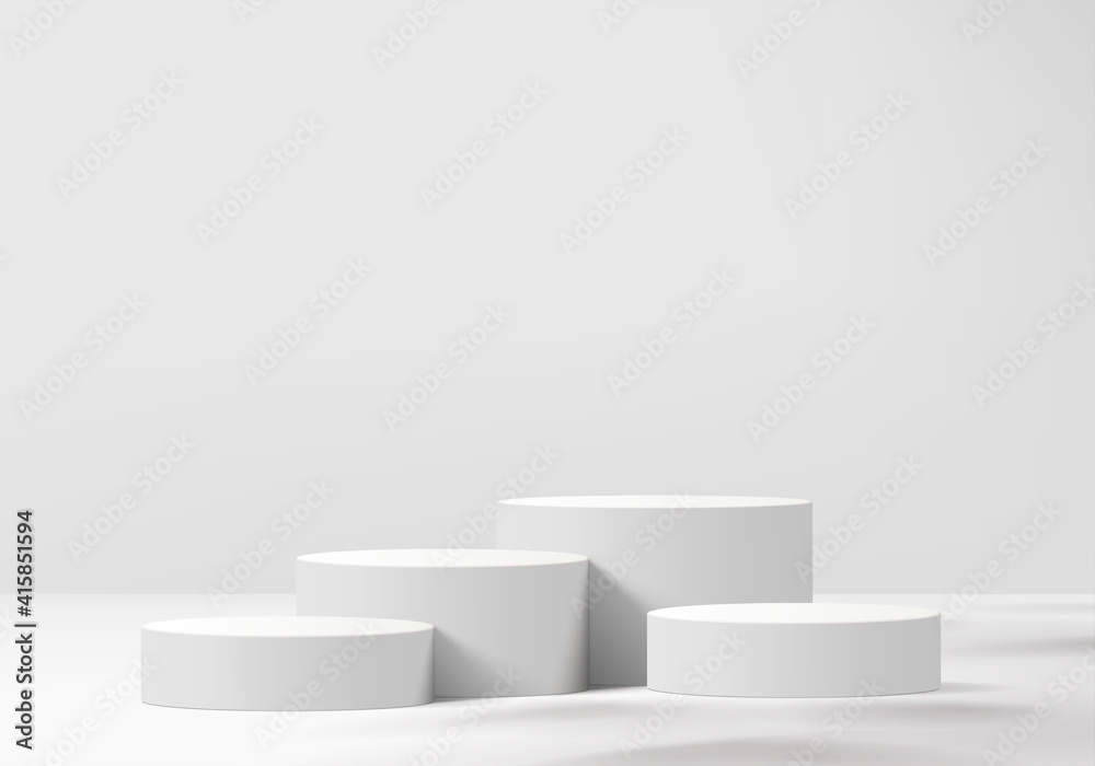 3d display product abstract minimal scene with geometric podium platform. gray background vector 3d rendering with podium. stand for cosmetic products. Stage showcase on pedestal 3d white studio - obrazy, fototapety, plakaty 