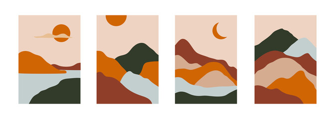 Poster - Abstract set landscape posters in flat style. Modern colorful hand drawn design background for social media, cover, wall decor, web design, interior. Vector illustration	