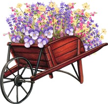 Wooden Wheelbarrow Full Of Spring Flowers