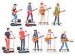 People Street Musicians Characters Playing Guitars Set, Live Performance Cartoon Style Vector Illustration