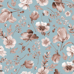 Wall Mural -  pattern with spring watercolor flowers, hand painted monochrome color