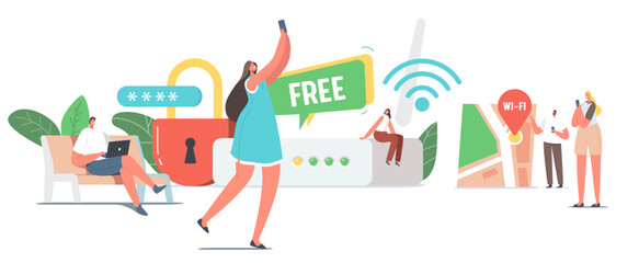 Poster - tiny male and female characters at huge router use internet on laptop and smartphone via wifi wirele