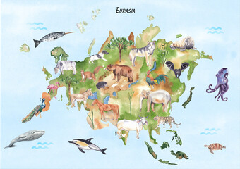 Eurasia map with animals Watercolor world animal map Cute animals Nursery wall art, classroom poster, educational, learning, play room wall decor.Europe and asian animals. Octopus, bear, elephant.