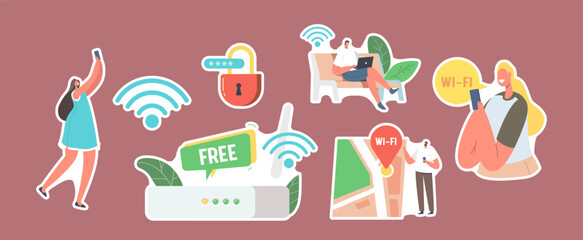Poster - set of stickers characters use internet on laptop and smartphone via wifi wireless router connection